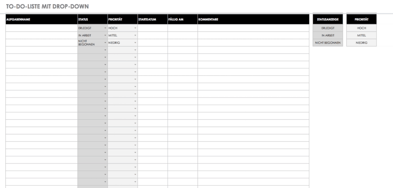 Vorlage für To-Do-Liste mit Drop-Down