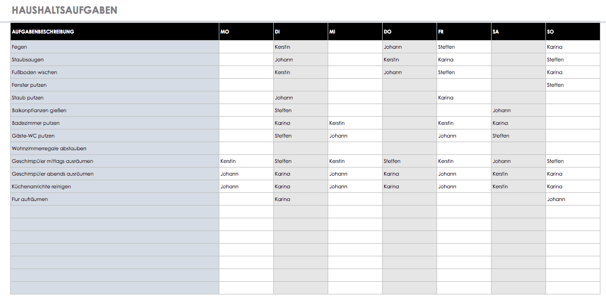 Vorlage für Liste Haushaltsaufgaben