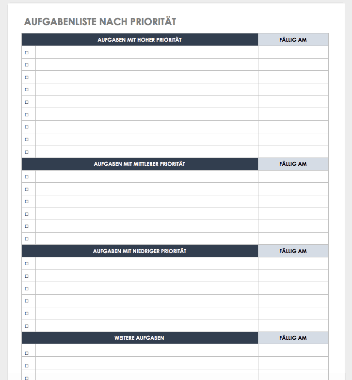 Vorlage für Aufgabenliste nach Priorität