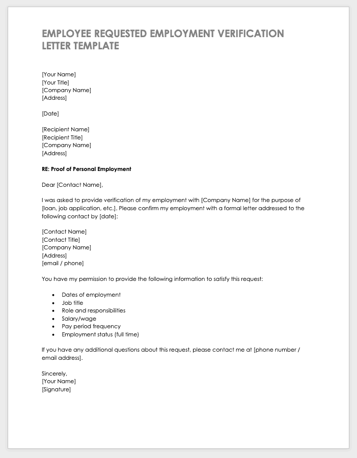Employee Requested Employment Verification Letter Template