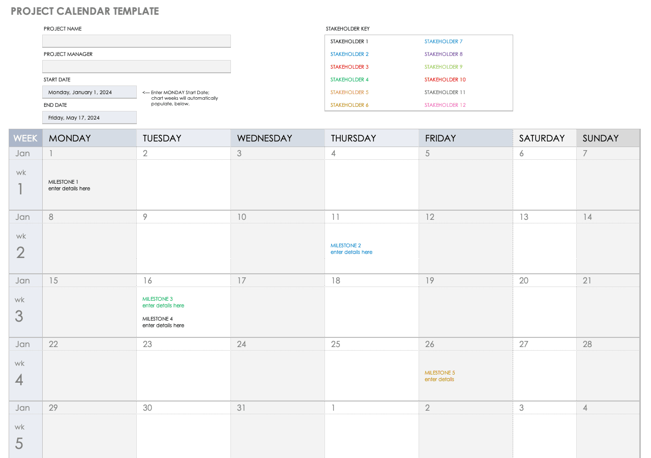 excel calendar template for project management