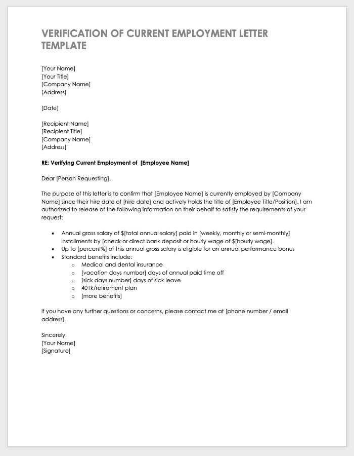 Verification of Current Employment Letter Template