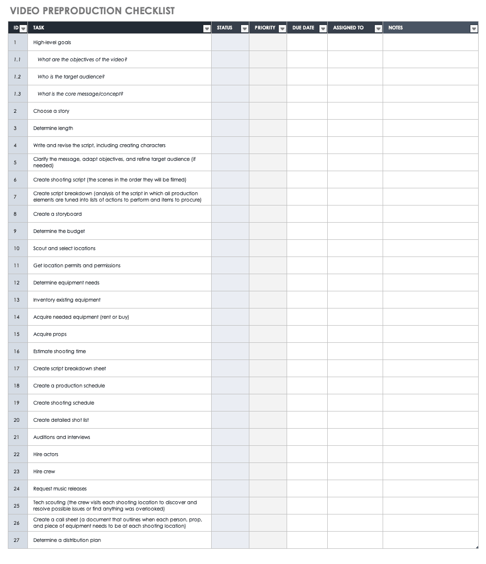 Video Preproduction Checklist Template