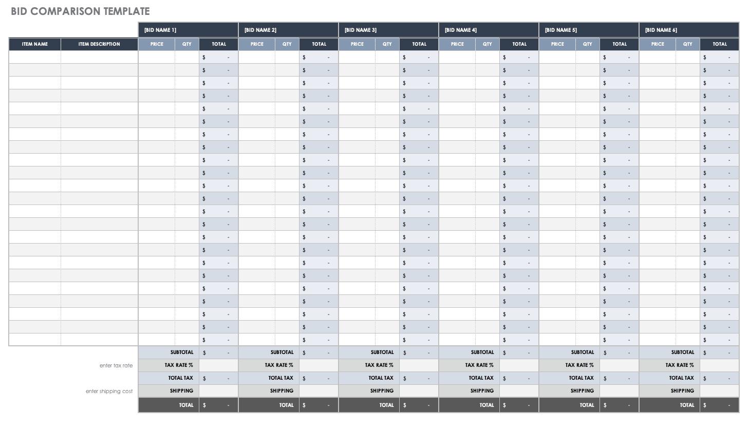 Bid Comparison Template Collection