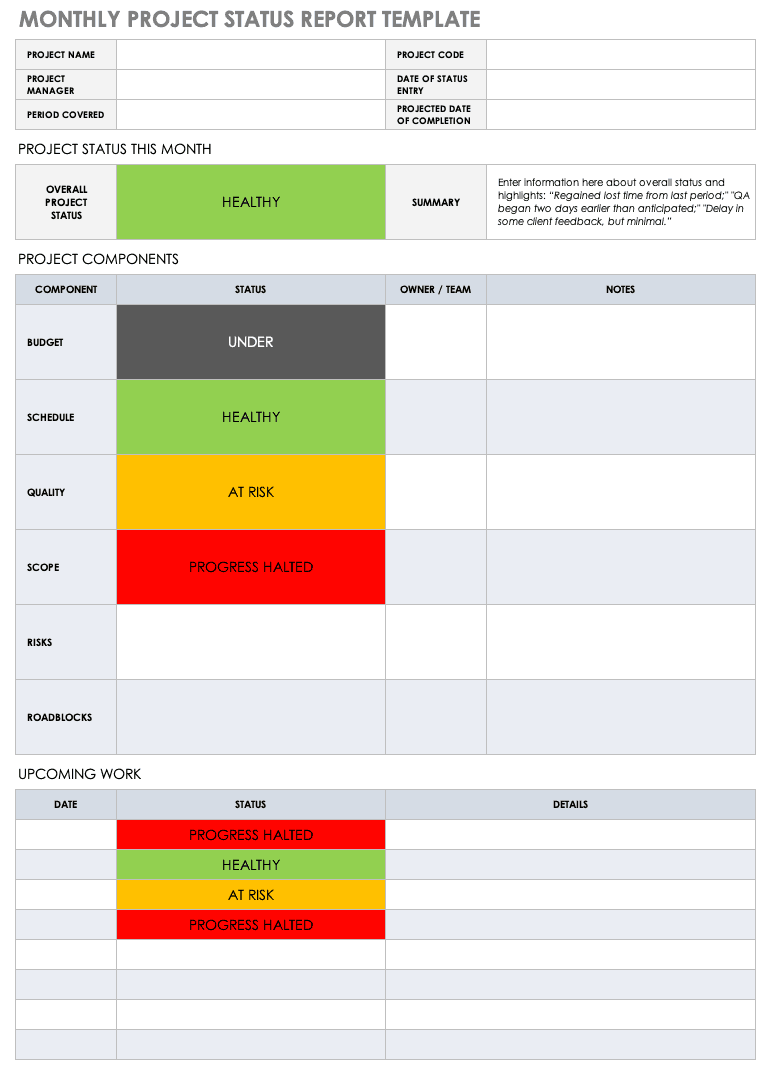 One Page Status Report Template