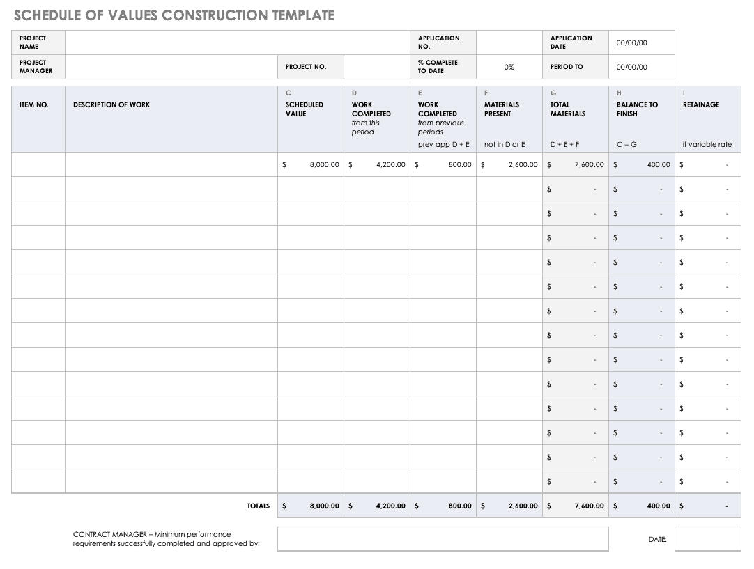 Printable Construction Schedule Of Values Template Printable Templates