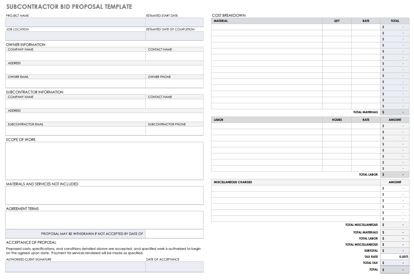 Excel Construction Bid Template DocTemplates   IC Subcontractor Bid Proposal Form Template 