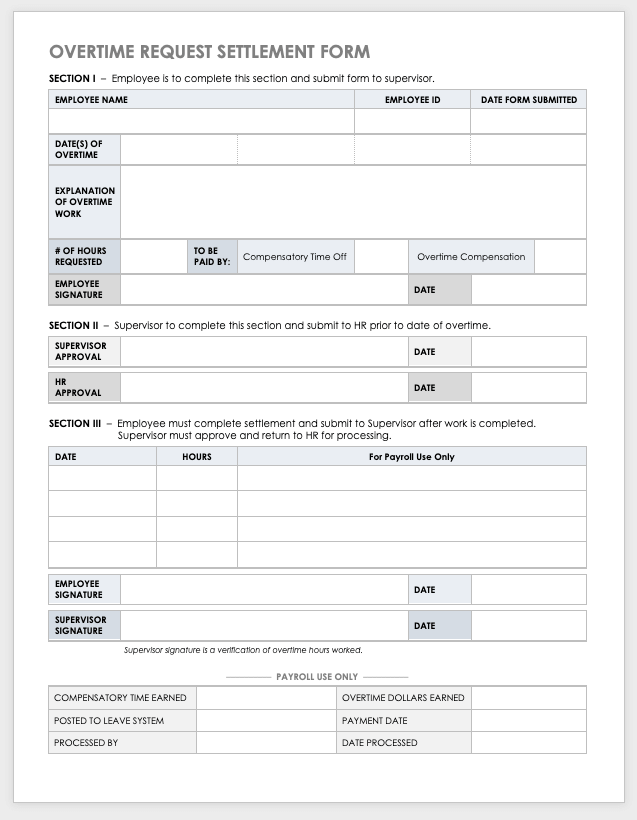 Overtime Request Settlement Form Template