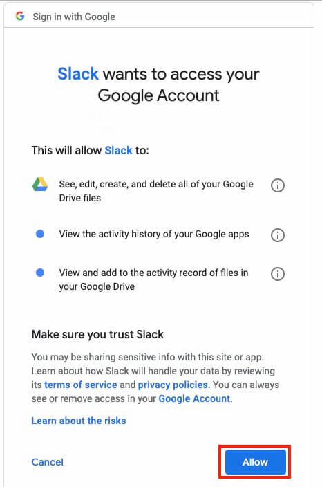 Google Drive Share Slack Add Authenticate Choose Accounts Permissions