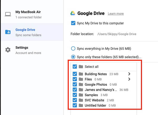 backup and sync from google settings