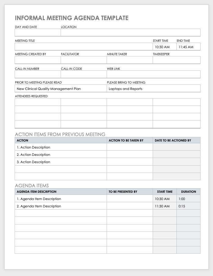 informal meeting agenda template