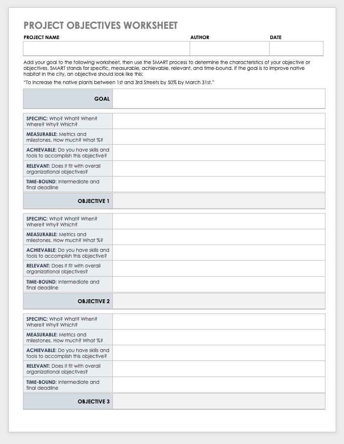 Project Objectives Worksheet