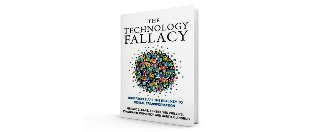 The white cover of the book The Technology Fallacy, with headshots of workers in a circular bubble on the front