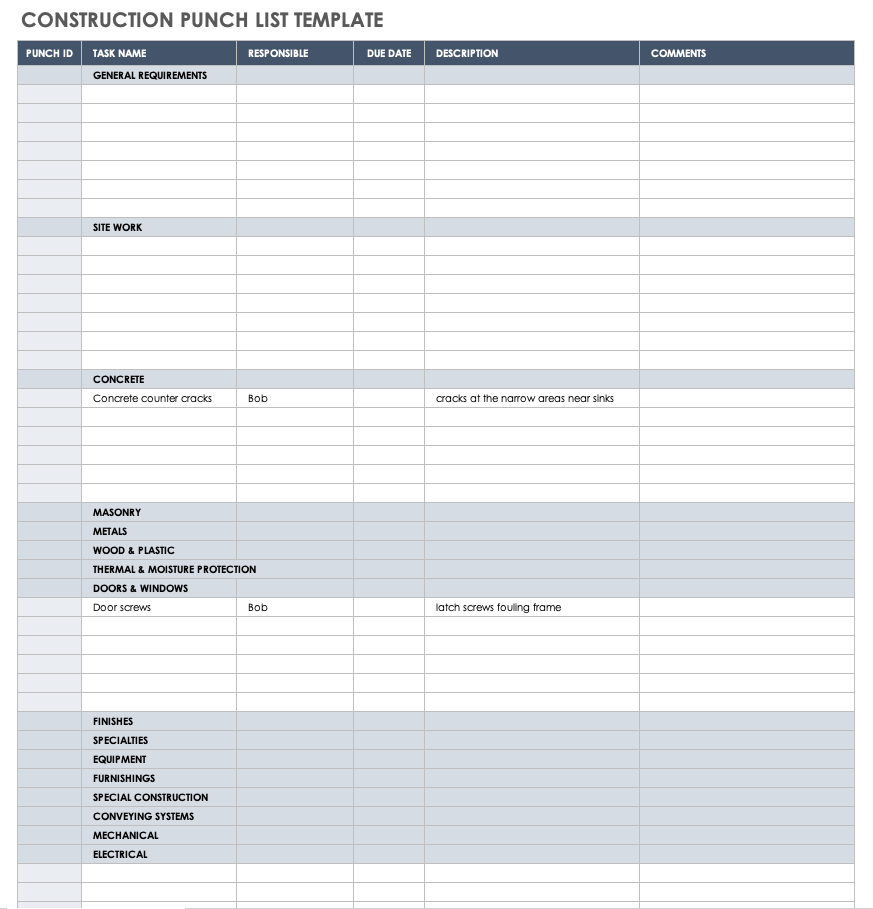 General Contractor Construction Punch List Template