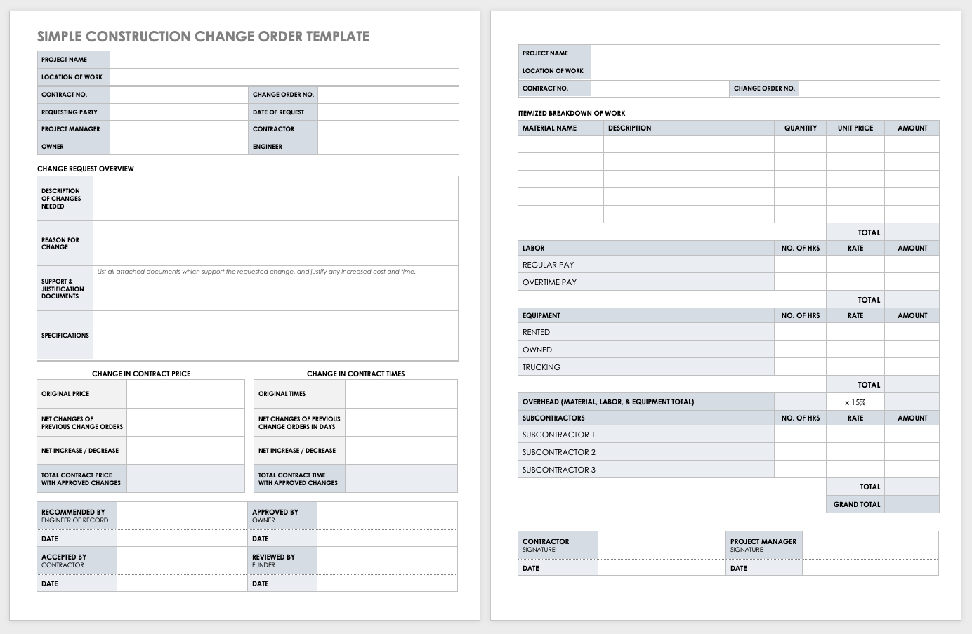 Construction Change Order Form Template Free