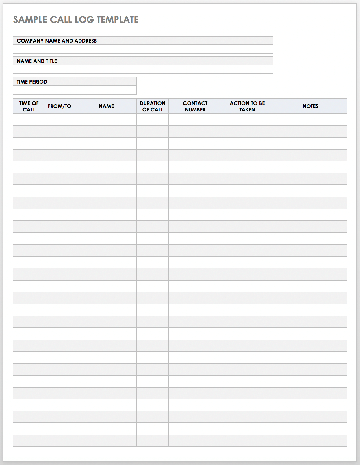 Sample Call Log Template