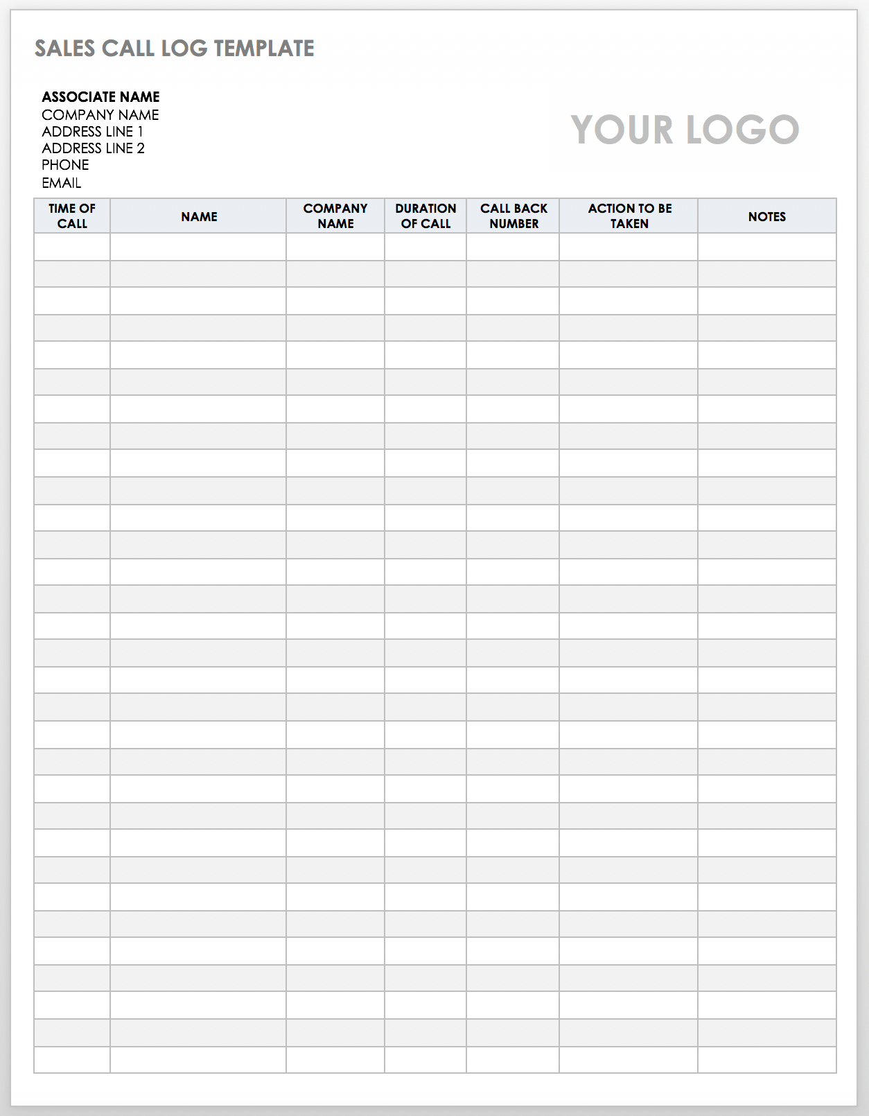 Free Call Log Templates Smartsheet