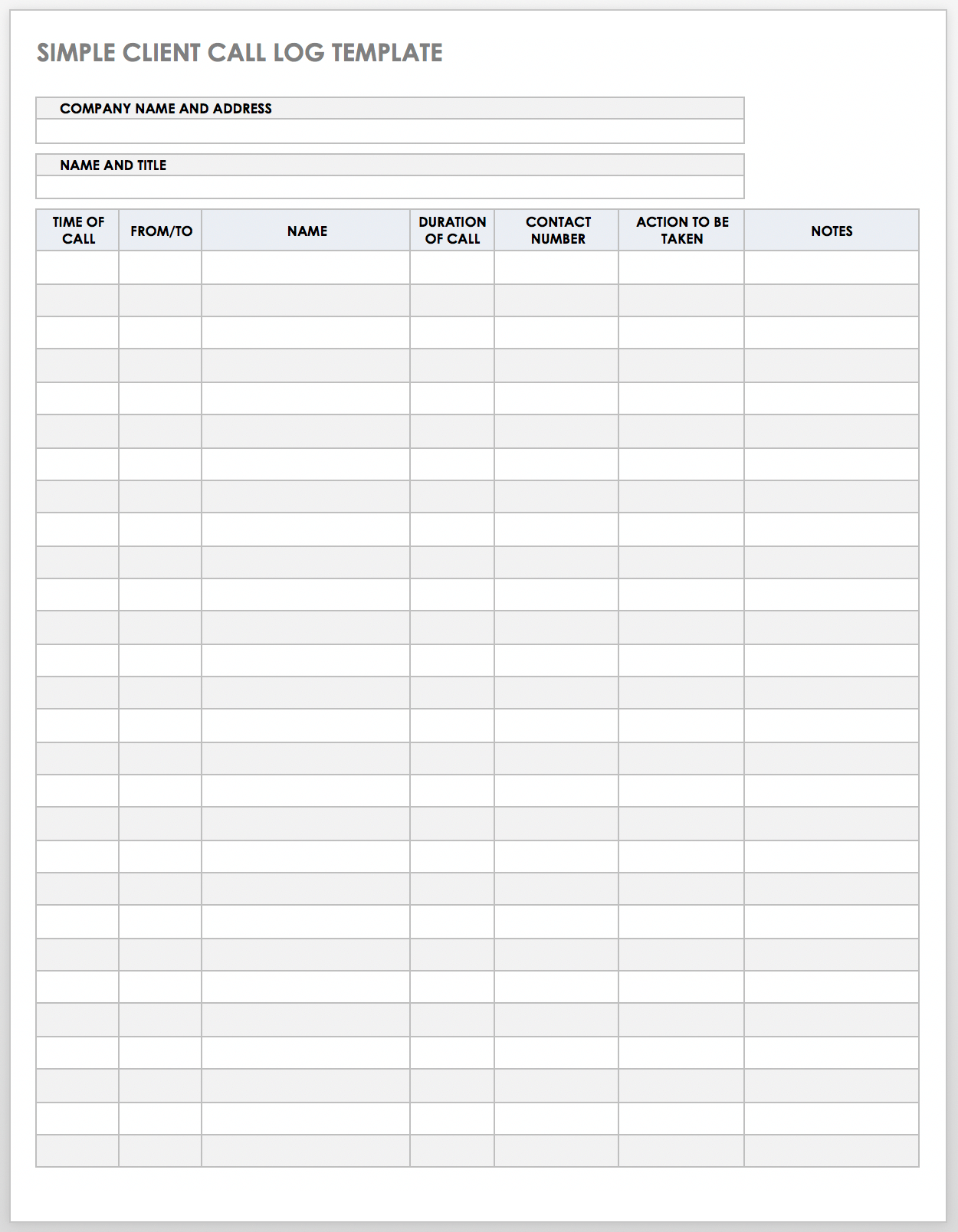 Excel Printable Call Log Template