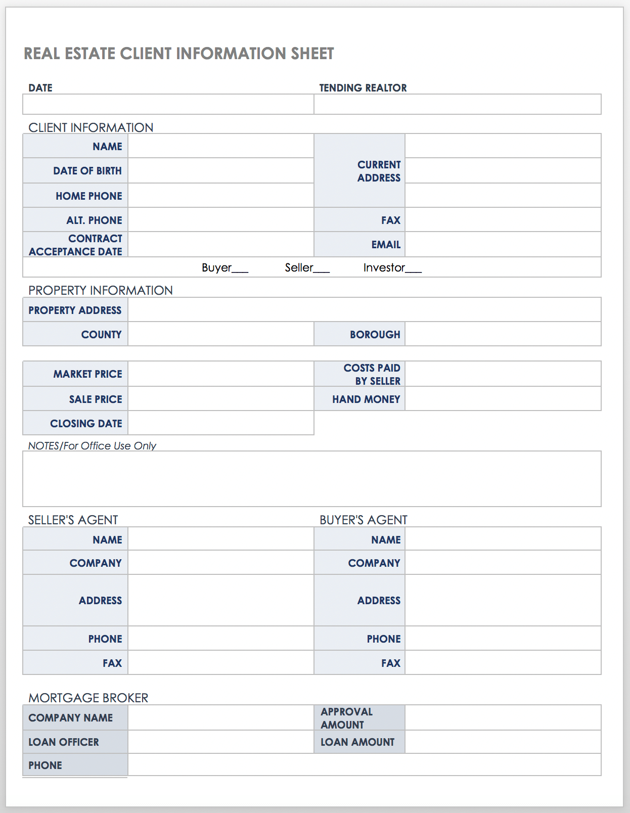 Printable Client Information Sheet Customize and Print