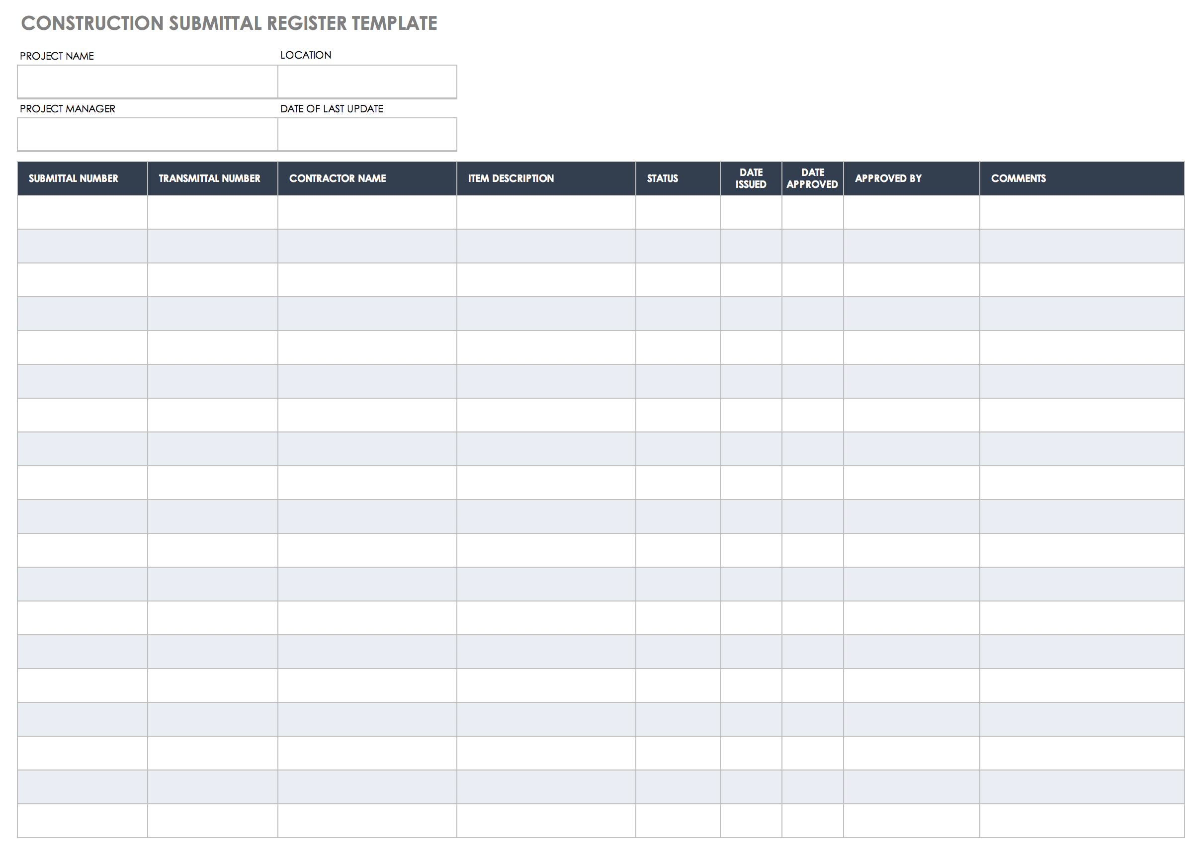 Construction Submittal Log Template Excel