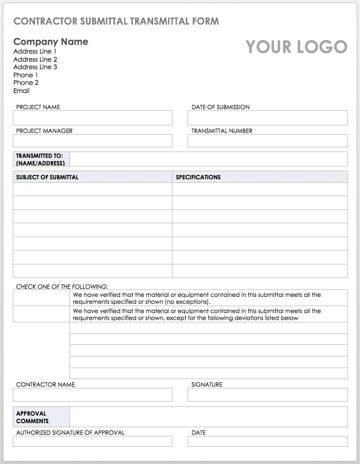 Contractor Submittal Transmittal Form template