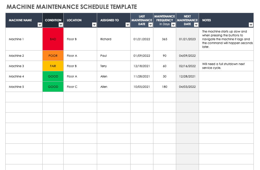 maintenance schedule template excel