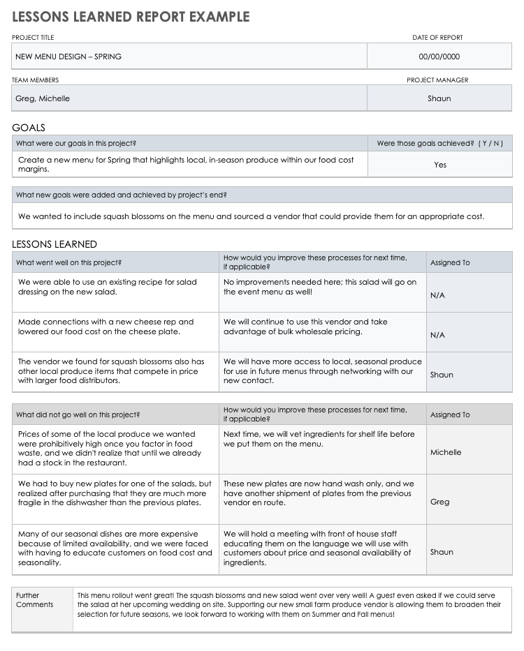 Lessons Learned Report Example