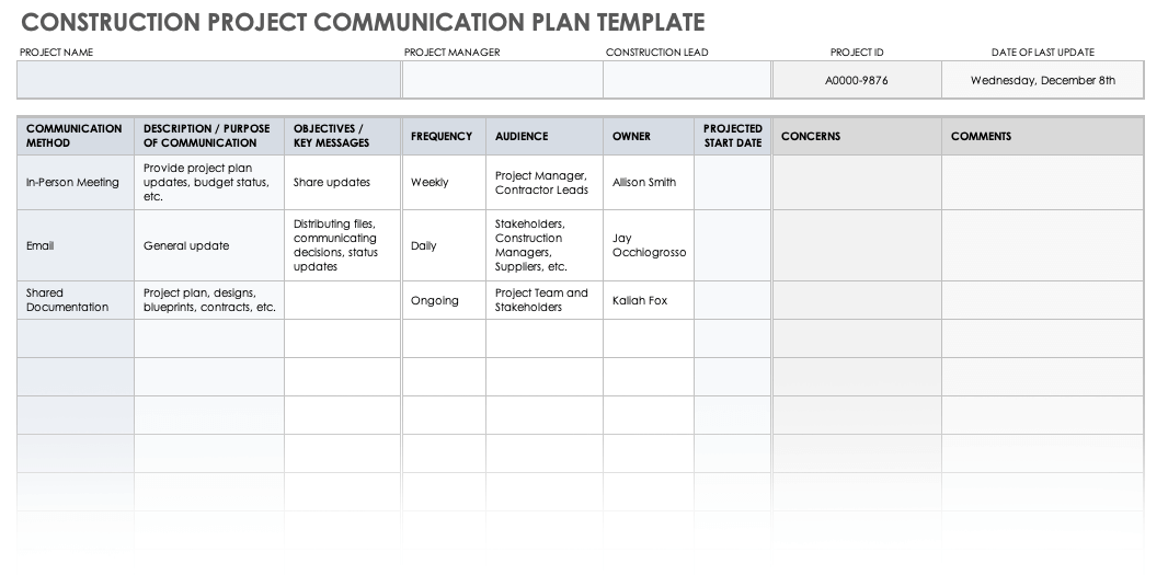 communication plan template excel