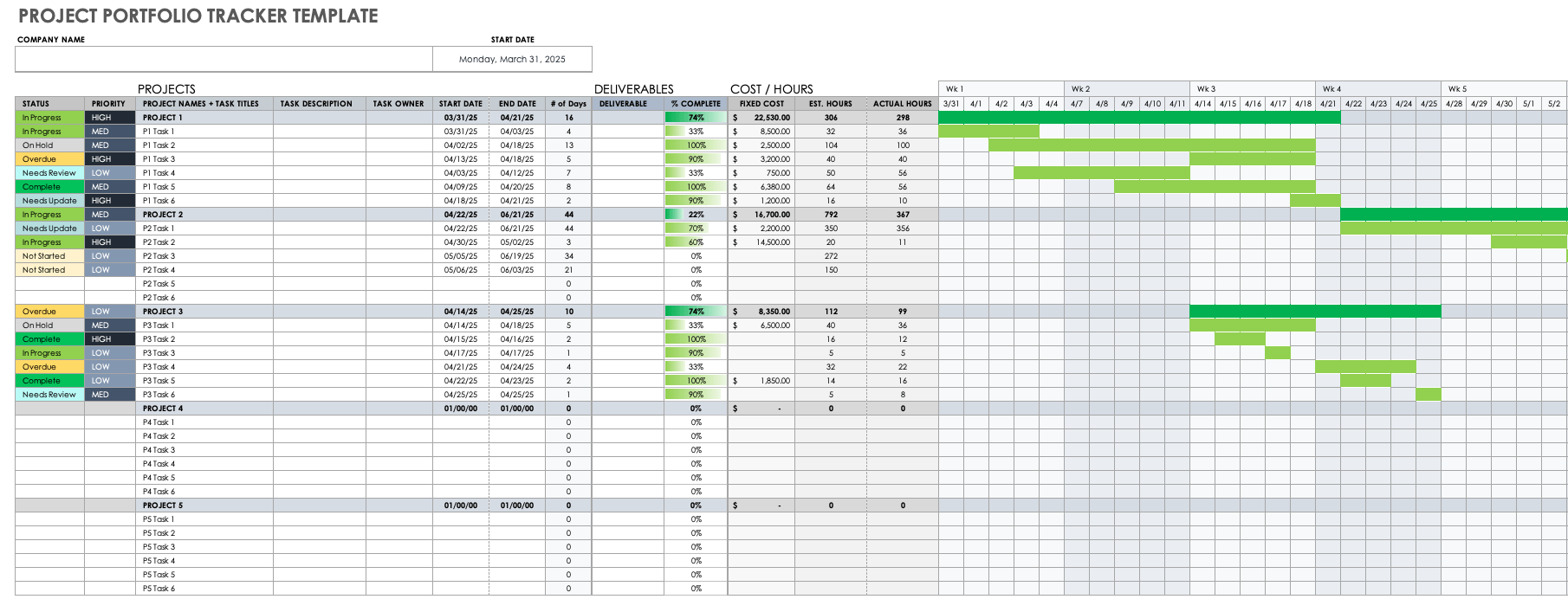 project portfolio template excel