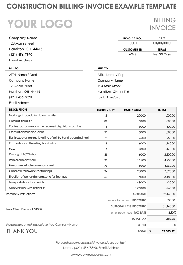 Construction Billing Invoice Example Template