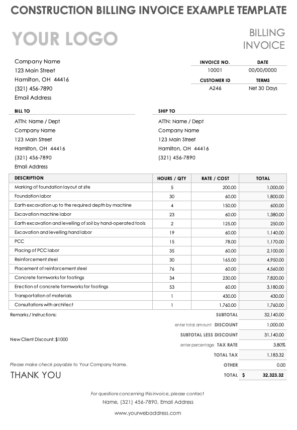 2023 Construction Invoice Template Fillable Printable Pdf And Forms