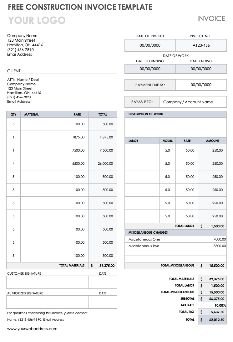 Free Printable Construction Invoice Template
