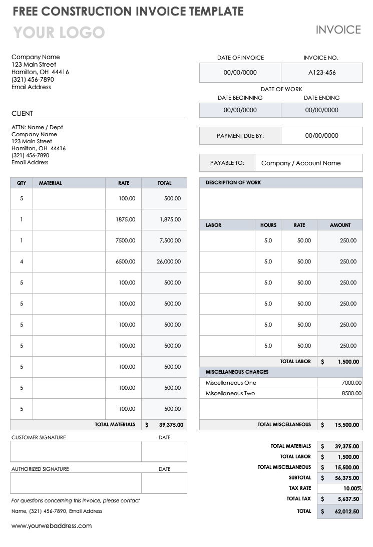 Printable Construction Invoice