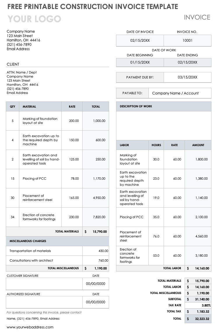 free printable construction invoice template