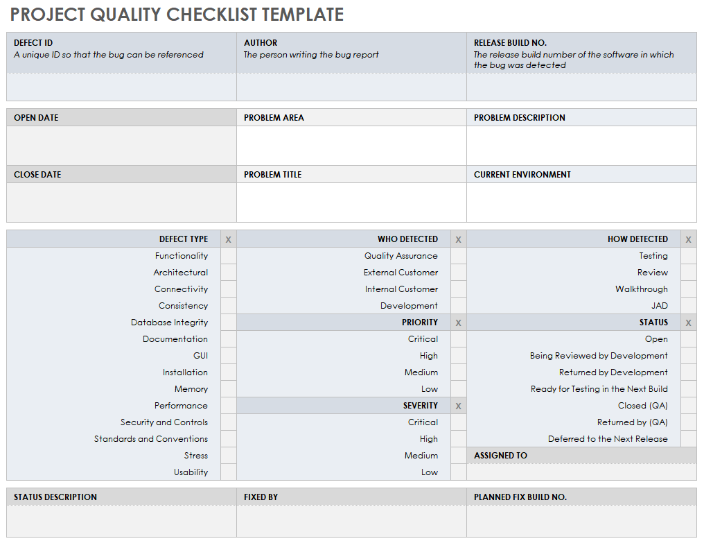 quality checklist template excel