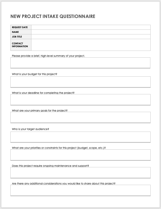 Project Management Project Intake Form Template