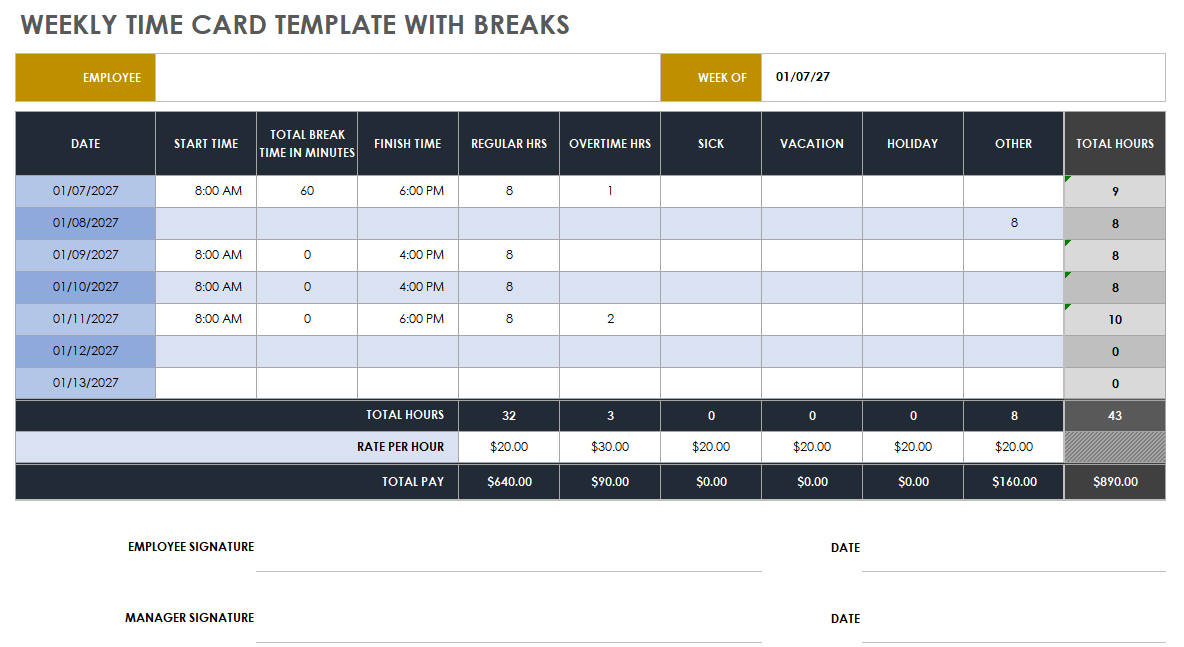 Multiple Shift Weekly Time Card Time Card