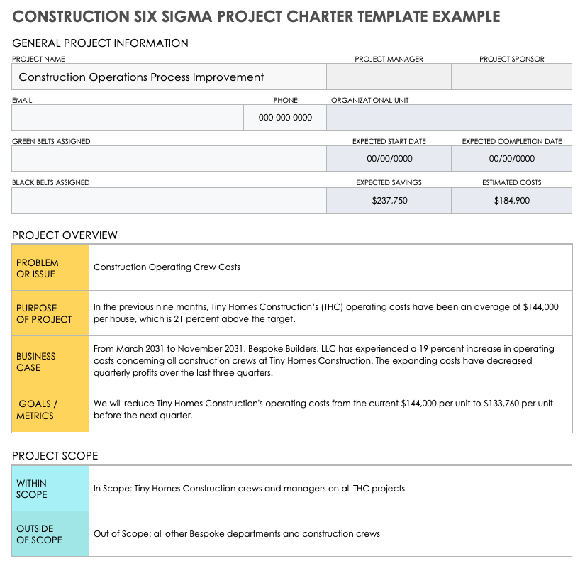 6 Sigma Project Charter Template 3735