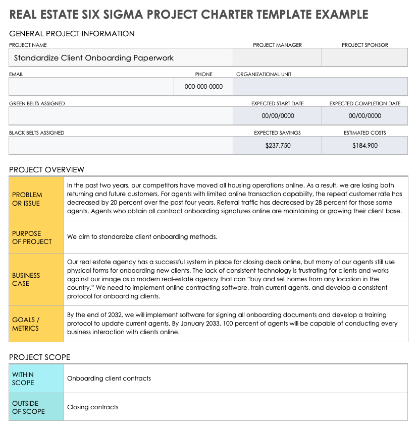 Six Sigma Project Charter Template Word