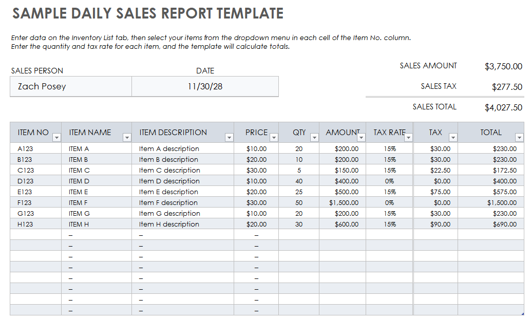 Daily Sales Report Template By Product