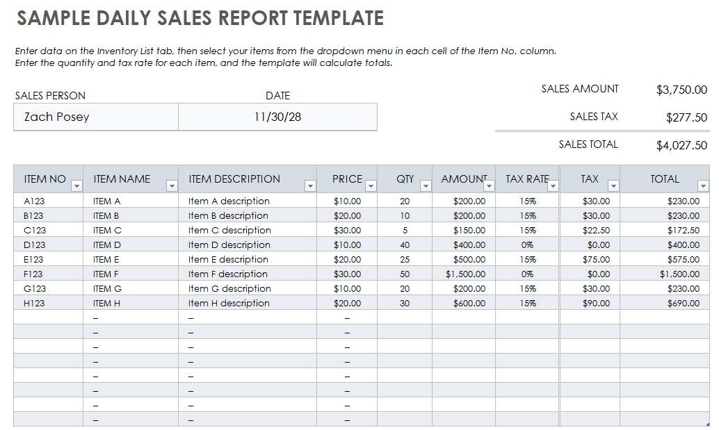 Sale report in excel