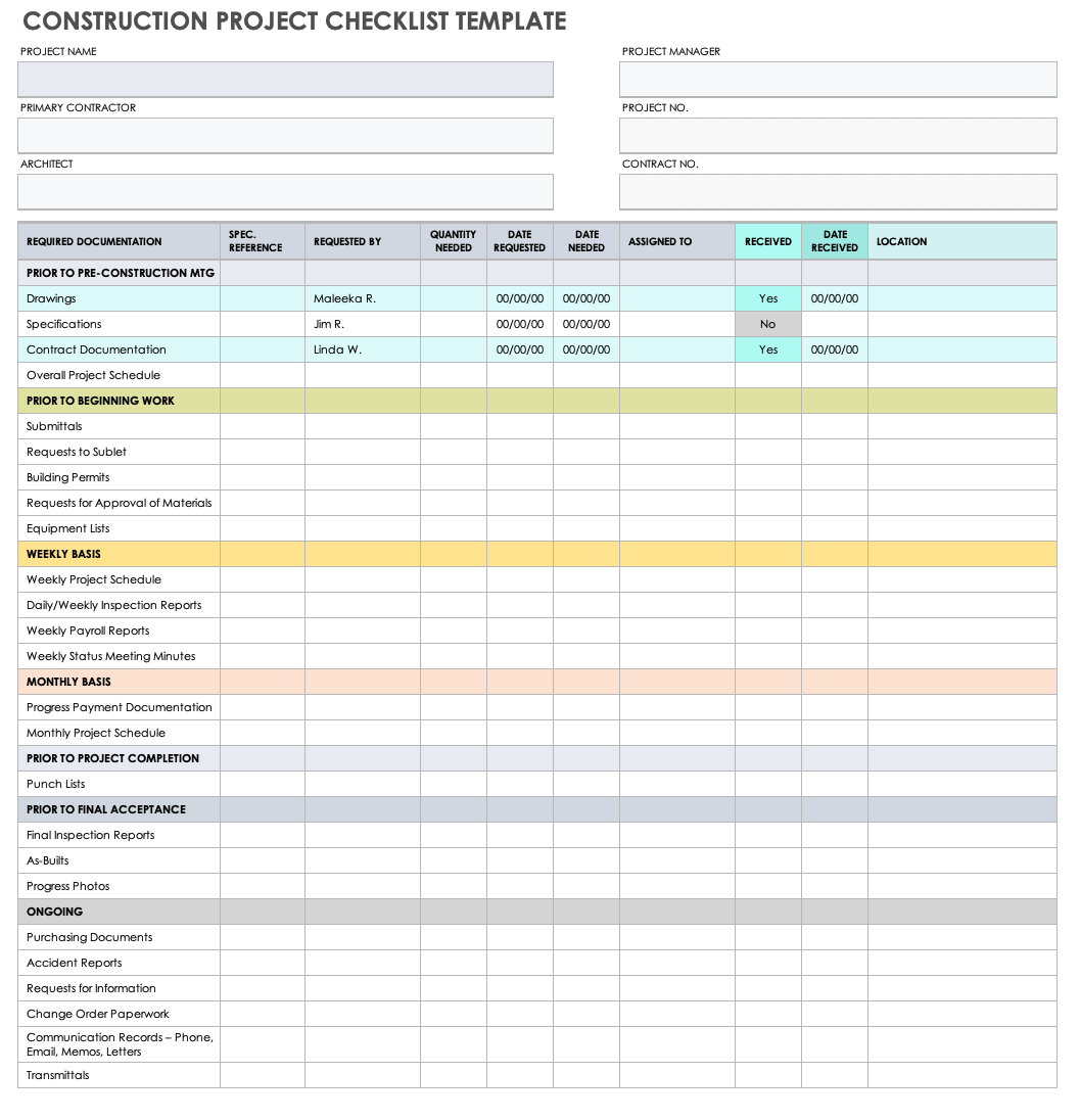 Construction Project Checklist Template Excel