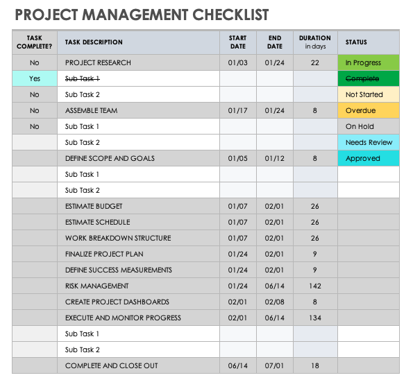 project management checklist template excel