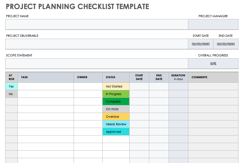 project management checklist template excel