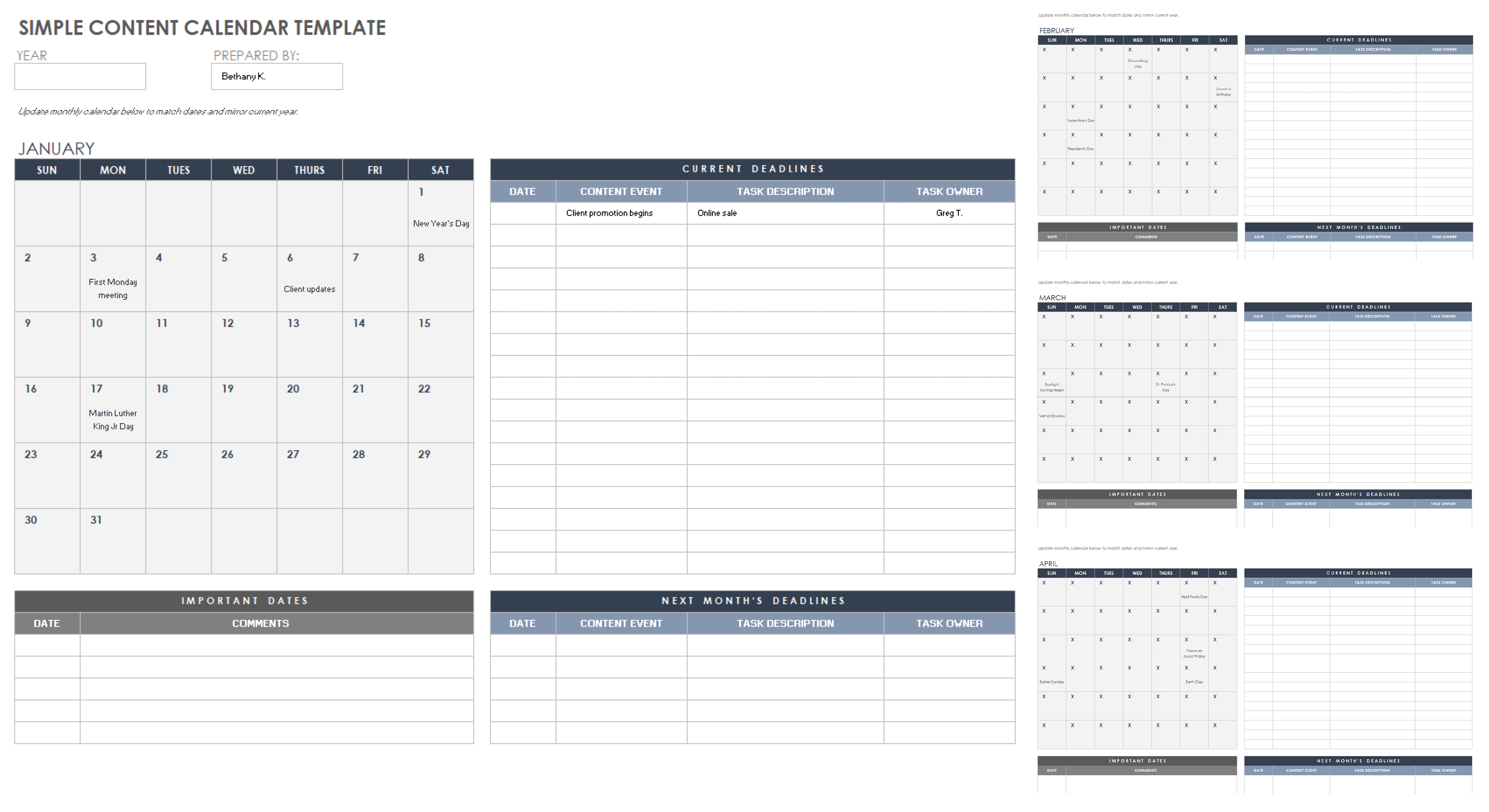 Content Calendar Google Sheets Template - Brena Chelsea