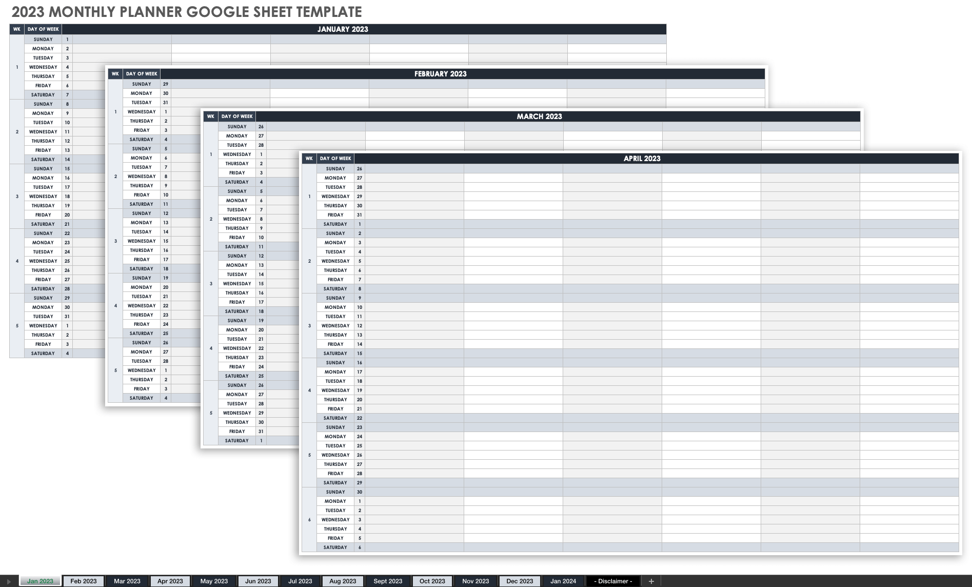 2023 Google Sheets Calendar Template Printable Calendar 2023