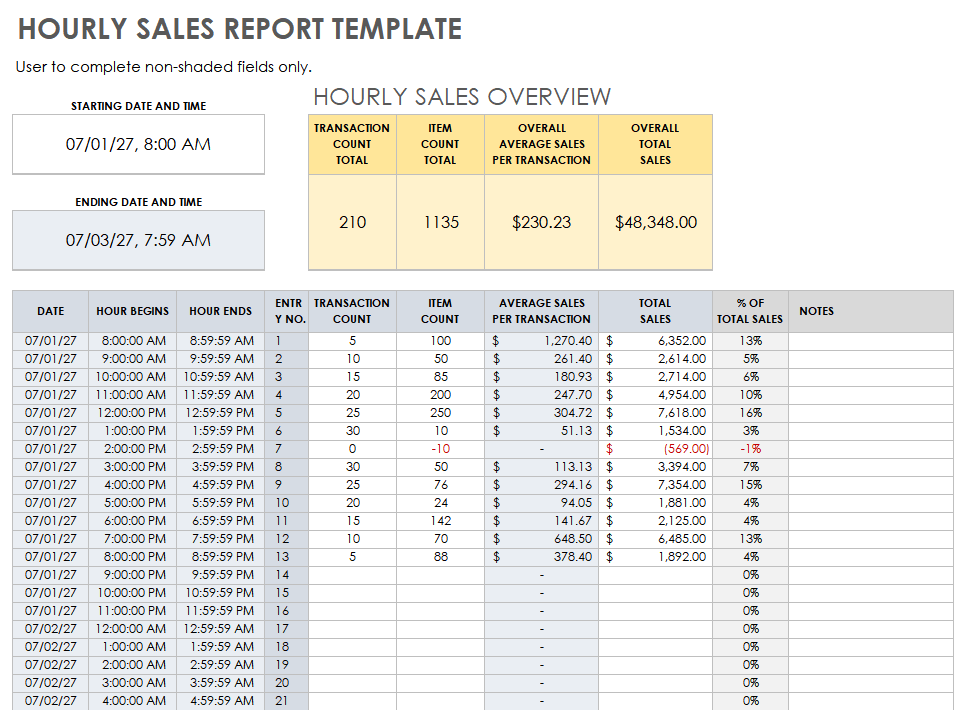 Hourly Sales Report Template