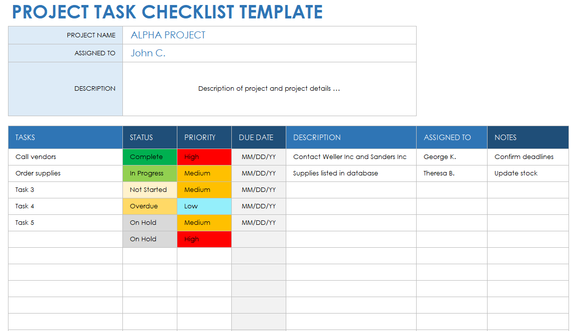 Project Management Task List Example