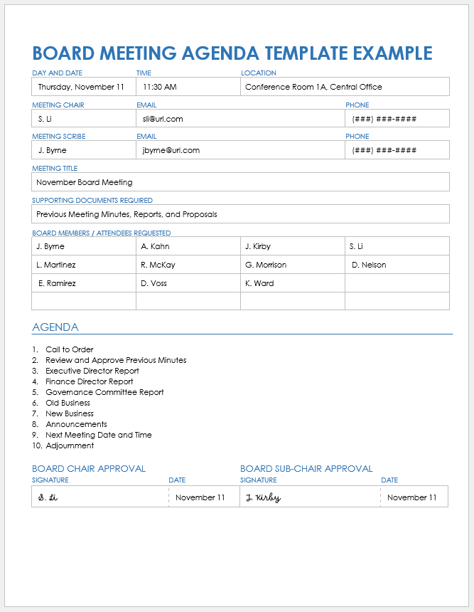 board meeting agenda template