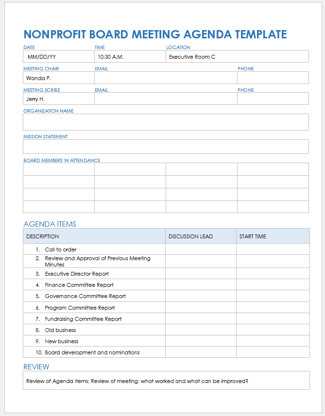 board meeting agenda template word